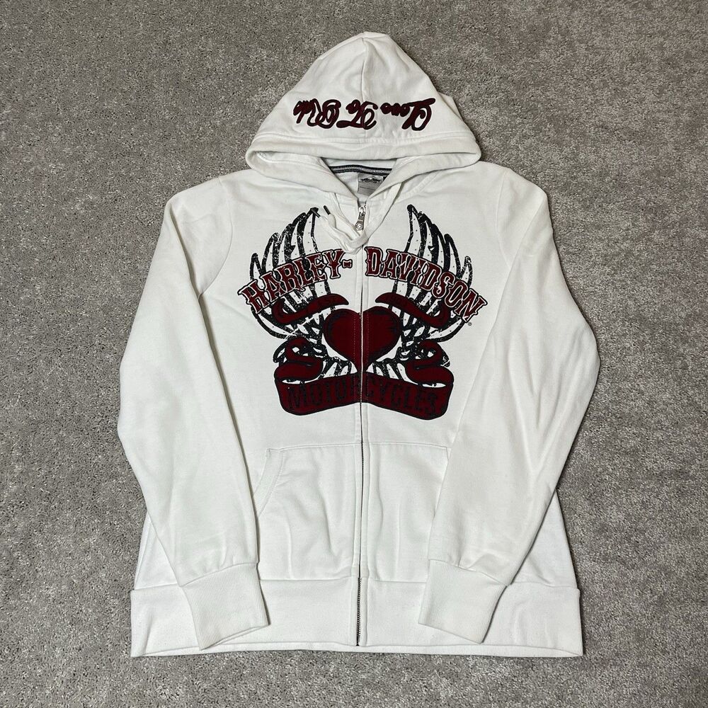 Harley Davidson Full Zip Hoodie Women's XL White Rhinestone Velvet Grunge Y2K